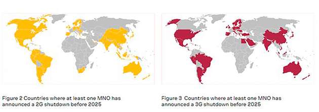 Abbildung 2: Länder, in denen mindestens ein Mobilfunknetzbetreiber eine 2G-Abschaltung vor 2025 angekündigt hat  Abbildung 3: Länder, in denen mindestens ein Mobilfunknetzbetreiber eine 3G-Abschaltung vor 2025 angekündigt hat.
