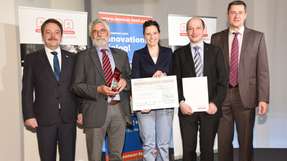 V. l. n. r: Peter Krause (AMA), Prof. Dr. Wolfgang Schade, Dr. Martin Angelmahr (Fraunhofer-HHI), Anna Lena Baumann (Photonik Inkubator/Fraunhofer-HHI) und  Prof. Dr. Andreas Schütze (Jury/Uni des Saarlandes).