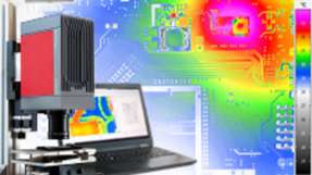 Eine Platine wird mittels IR-Thermografie geprüft.