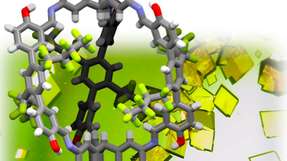 Im Hintergrund: lichtmikroskopische Bilder des einkristallinen Materials der formstabilen Käfigverbindung. Im Vordergrund: Stabmodell der Einkristallstruktur, grau: Kohlenstoff, weiß: Wasserstoff, rot: Sauerstoff, blau: Stickstoff und grün: Fluor.