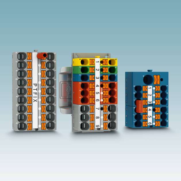 Das PTFIX-Verteilerblocksystem besitzt einen Anschlussquerschnitt von 4 mm2 (links) und Durchgangsblöcke mit nur zwei Anschlüssen (Mitte).