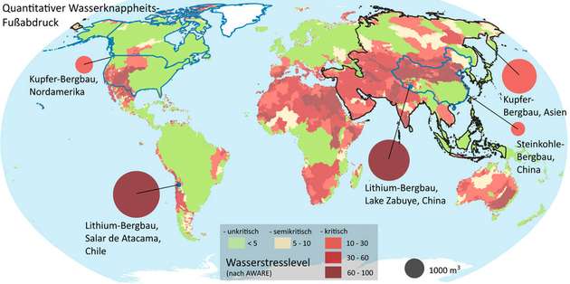 Die Karte zeigt die Verteilung von Wasserstressgebieten auf der Erde (rot gefärbt), als Kreise dargestellt sind die fünf größten Einzelbeiträge zum quantitativen Wasserknappheits-Fußabdruck eines 2-MWh-Lithium-Ionen-Speichers weltweit (zusammen insgesamt 43 Prozent). Die Größe der Kreise steht für den gewichteten Wasserverbrauch in Kubikmetern vor Ort, die Farbe der Kreise gibt das Wasserstresslevel an.