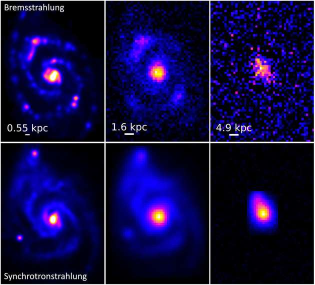 Karten der Vorlagen-Galaxie M 51, gesehen im Radiolicht bei einer beobachteten Frequenz von 1,4 GHz (Wellenlänge von 21 cm).