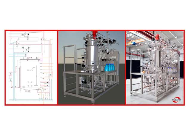 Design der Prozessanlage: Komplexe Anlagen und Fermenter werden zunächst im Blockbild, dann im R&I-Diagramm geplant. Im nächsten Schritt wird die Anlage für eine schnelle und detailgenaue Fertigung im 3D dargestellt. 