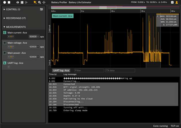 UART-Debug-Meldungen der zu prüfenden Komponente werden zusammen mit Echtzeit-Strommessungen mit der Otii Pro Software angezeigt.