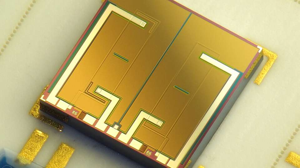 Chip mit zwei individuellen ISFETs in jeweils einer n-Wanne, gebondet auf einer Keramikplatine