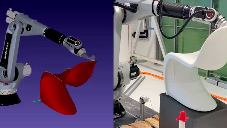 Die Ausführung der Roboterbewegung kann sowohl in einer digitalen Umgebung als auch mit der eigentlichen Robotersteuerung innerhalb von RoboDK überwacht werden.