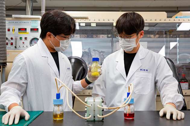 Die Forscher am Korea Institute of Energy Research halten das aktive organische Material der Viologen-Redox-Flow-Batterie.
