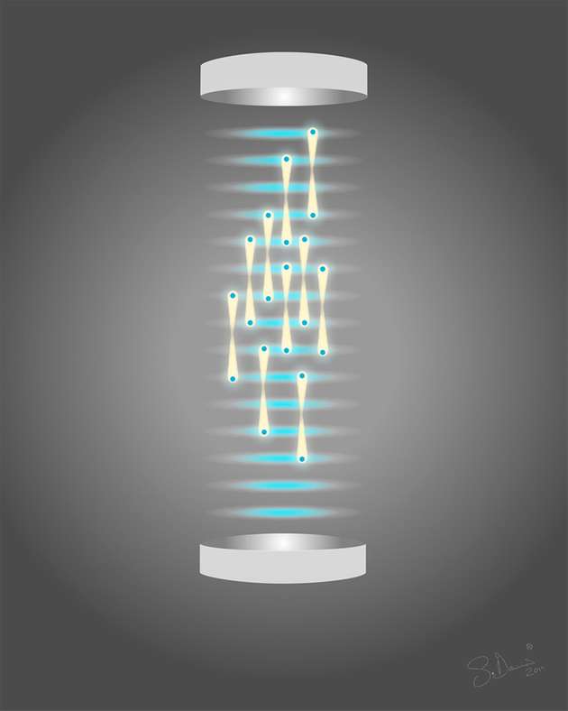 Ein optisches Gitter schließt Gruppen von Atomen (blaue Scheiben) in einer regelmäßigen Anordnung ein, so dass sie mehr als eine Minute lang untersucht werden können. Einzelne Atome (blaue Punkte) befinden sich in einer räumlichen Quantenüberlagerung, das heißt in zwei Schichten des Gitters gleichzeitig, was durch die langgestreckten gelben Streifen angezeigt wird.