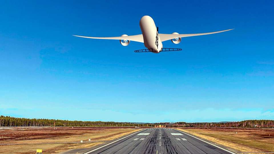 Virtueller Start 
Langstreckenverkehrsflugzeug mit hochgestrecktem, last-geregeltem, ultra-effizientem und intelligentem Flügel beim virtuellen Start im Rahmen einer Simulation.