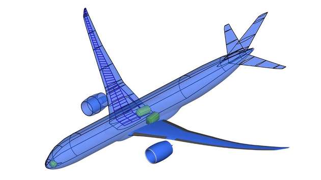 Außengeometrie und Innenstruktur
In dem DLR-Projekt INTELWI haben Wissenschaftlerinnen und Wissenschaftler einen Flugzeugflügel entworfen, der eine deutlich größere Spannweite aufweist und damit effizienter als herkömmliche Tragflächen ist. Neben der neuen Außengeometrie muss für einen solchen effizienten, schlanken Flügel auch die innere Struktur (hier in der rechten Tragfläche skizziert) angepasst werden, denn die größere Spannweite erhöht die im Flug auftretende Lasten infolge von Böen und im Manöverflug. Zudem muss auch das Fahrwerk weiterhin Platz im Innern finden (benötigter Bauraum als gelber Kasten dargestellt).