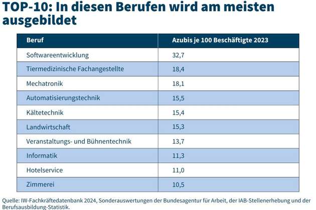 Die Auswertung der TOP-10-Ausbildungsberufen laut dem IW-Fachkräftedatenbank 2024, Sonderauswertungen der Bundesagentur für Arbeit, der IAB-Stellenerhebung und der Berufsausbildung-Statistik.