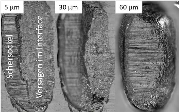Draufsicht auf abgescherte AI-H11-Wedges mit 5, 30 und 60 μm Scherhöhe. Zu sehen ist, wie sich das Verhältnis von Schersockel zu Versagen im Interface (der Schercode) ändert.