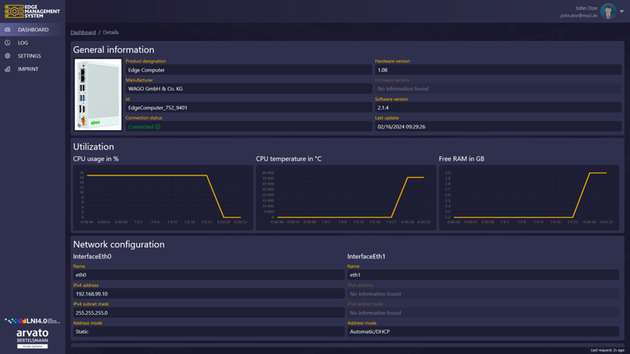 User Interface: Überblick eines einzeln ausgewählten Devices auf verschiedene Informationen, wie CPU-Auslastung, Temperatur und Firmware