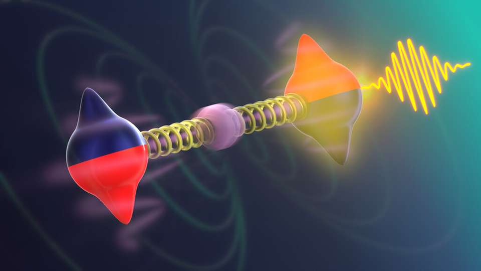 Künstlerische Illustration der Magnon-Phonon-Fermi-Resonanz in einem Antiferromagneten.