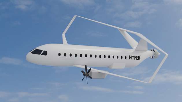 3. Platz bei der DLR Design Challenge 2024: Entwurf der DHBW Ravensburg - Hyper
Das Konzept Hyper (HYdrogen Powered Electric Regional aircraft) transportiert 89 Passagiere auf bis zu 1.250 km und verwendet eine hocheffiziente und neuartige Box-Wing-Flügelanordnung. Die elektrischen Antriebe werden durch eine hybride Stromversorgung gespeist: Im Reiseflug liefern Brennstoffzellen die Energie aus Flüssigwasserstoff, während Batterien zur Unterstützung in Flugphasen mit hohem Leitungsbedarf bereitstehen. Zudem sorgt ein Bli-Antreib (Boundary Layer Ingestion; Antrieb, welcher die Rumpfnahe Strömung zur Schubgenerierung verwendet) zu einer weiteren Verbesserung des Antriebswirkungsgrades.