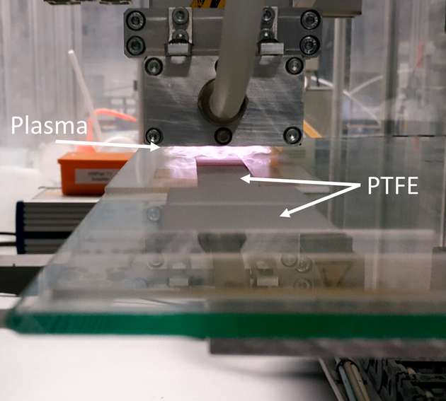 Setup der Atmosphärendruck-Plasmabeschichtung, beispielhaft für die Funktionalisierung von PTFE