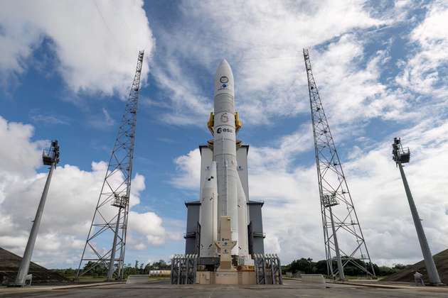 Erste freie Sicht auf die Ariane-6-Rakete vor ihrem Start.