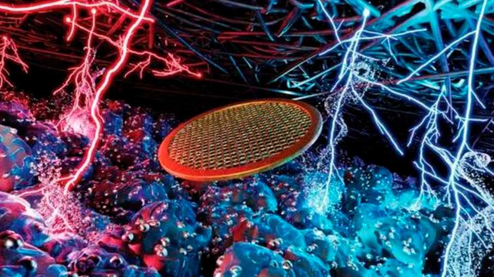 Bei der neuen Methode wird mit Hilfe fortschrittlicher Elektronenmikroskope untersucht, wie sich Brennstoffzellen im Laufe der Zeit abbauen. Dies ist eine Illustration einer Katalysatorschichtprobe auf einem Transmissionselektronenmikroskop-Gitter, die zwischen einer Elektrode und einer Gasdiffusionsschicht platziert ist.