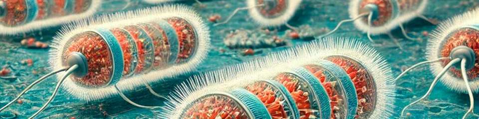 Urbakterien, sogenannte Archaea, nutzen den chemischen Treibstoff ATP, um ihre winzigen flossenartigen Fortbewegungsorgane, die Flagellen, zu rotieren und sich so fortzubewegen.