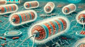 Urbakterien, sogenannte Archaea, nutzen den chemischen Treibstoff ATP, um ihre winzigen flossenartigen Fortbewegungsorgane, die Flagellen, zu rotieren und sich so fortzubewegen.