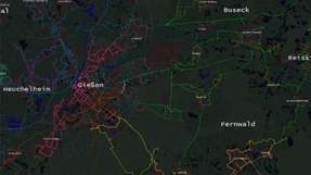 Aus geobasierter Sicht: Die Stadt Gießen und Umgebung zeigt sich mit dem neuen Add-on. Im Gegensatz zur schematischen Darstellung lassen sich Distanzen und geografische Besonderheiten besser abschätzen.