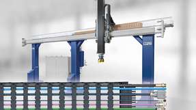 Ein seitlich liegendes Energiekettensystem sorgt für eine sichere Leitungsführung der x-Achse des Linearmotorportals von Fibro Läpple Technology.