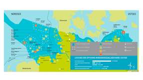 Offshore-Windenergie: Die Halbjahreszahlen 2015 für Deutschland. Besser lesbare Ausschnitte dieser Grafik für Nord- und Ostsee finden Sie in der Bildergalerie.