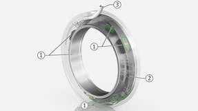 Aufbau des Überwachungssystems SpindleSense: (1) Abstandssensoren, (2) Auswerteeinheit, (3) Anschlusskabel.